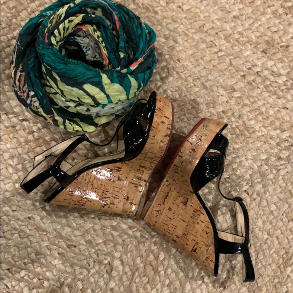 Louboutin Cork Wedges Black Patent Leather